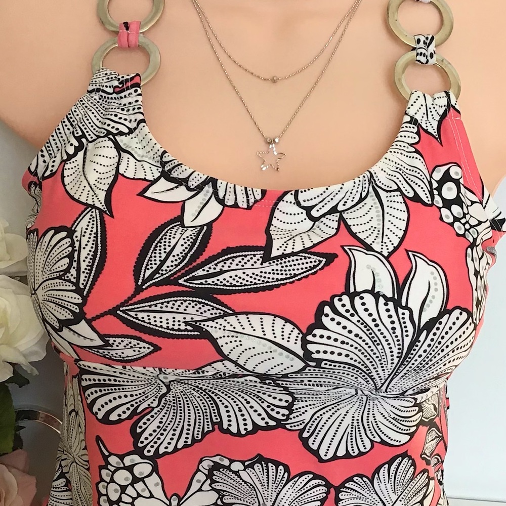 Sand N Sun Coral Black Tropical Floral Tankini Top Size Medium - Picture 3 of 6